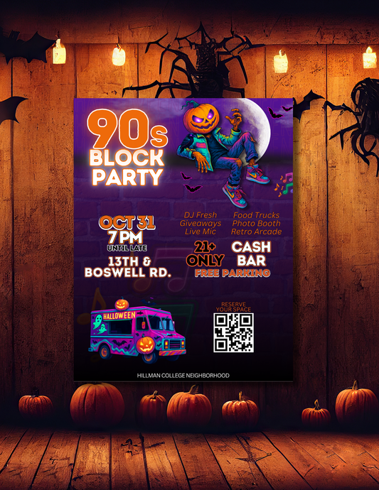 90s Halloween Block Party Flyer Template: Retro Canva Invitation (Digital Download)