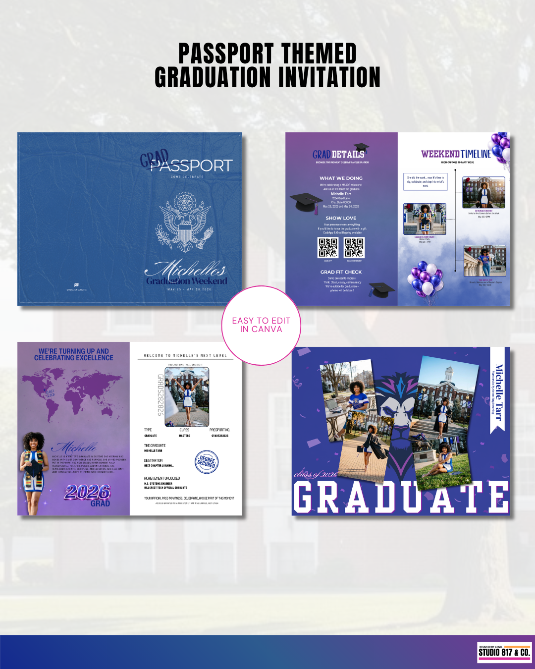 Passport Style Graduation Invitation Template with RSVP Ticket | Editable Graduation Itinerary Booklet | Canva Graduation Announcement Bundle