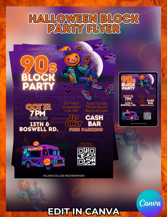 90s Halloween Block Party Flyer Template: Retro Canva Invitation (Digital Download)