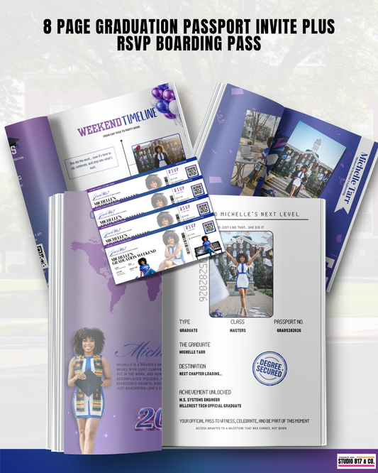 Passport Style Graduation Invitation Template with RSVP Ticket | Editable Graduation Itinerary Booklet | Canva Graduation Announcement Bundle