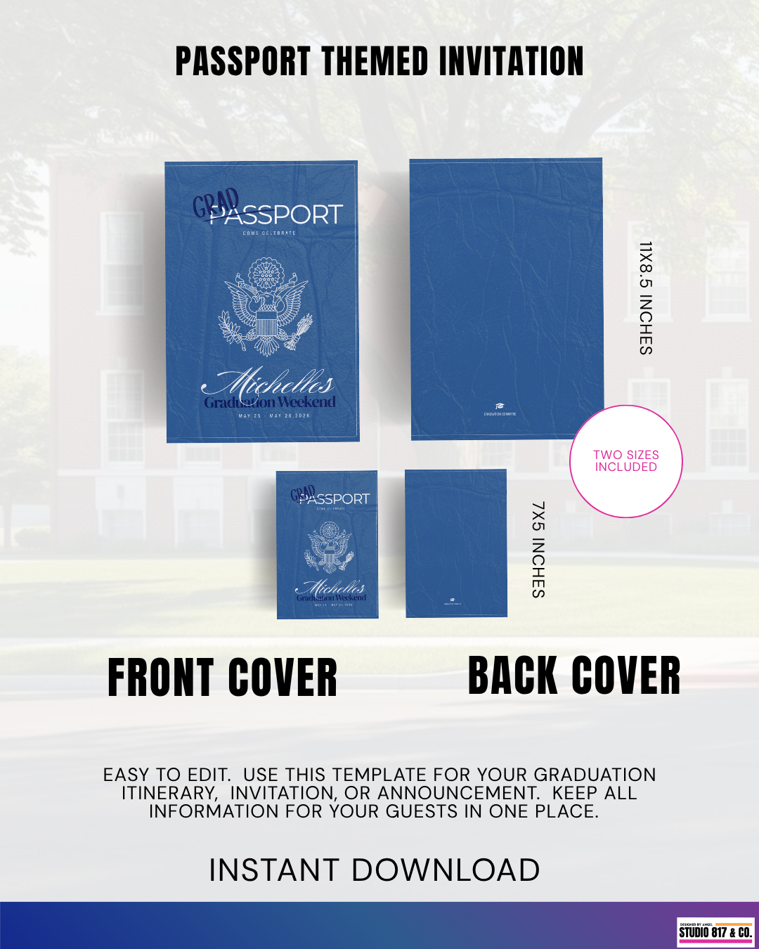 Passport Style Graduation Invitation Template with RSVP Ticket | Editable Graduation Itinerary Booklet | Canva Graduation Announcement Bundle