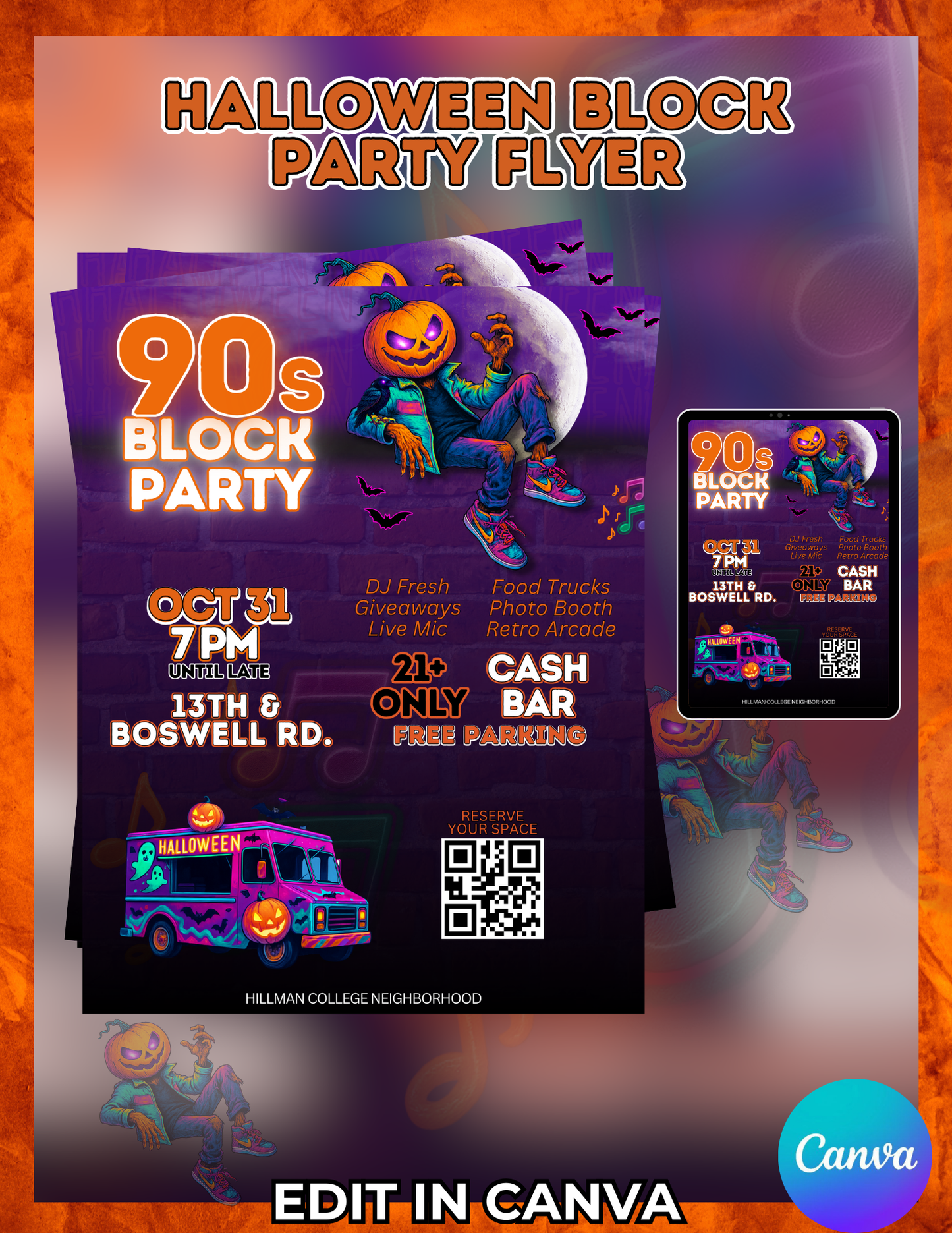 90s Halloween Block Party Flyer Template: Retro Canva Invitation (Digital Download)