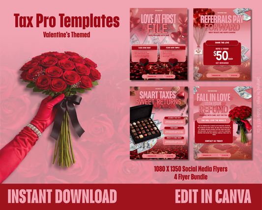 Valentine’s Day Tax Prep Flyer Bundle | Tax Preparer Marketing Templates | Refund, Referral & Filing Flyers | Editable Canva Design
