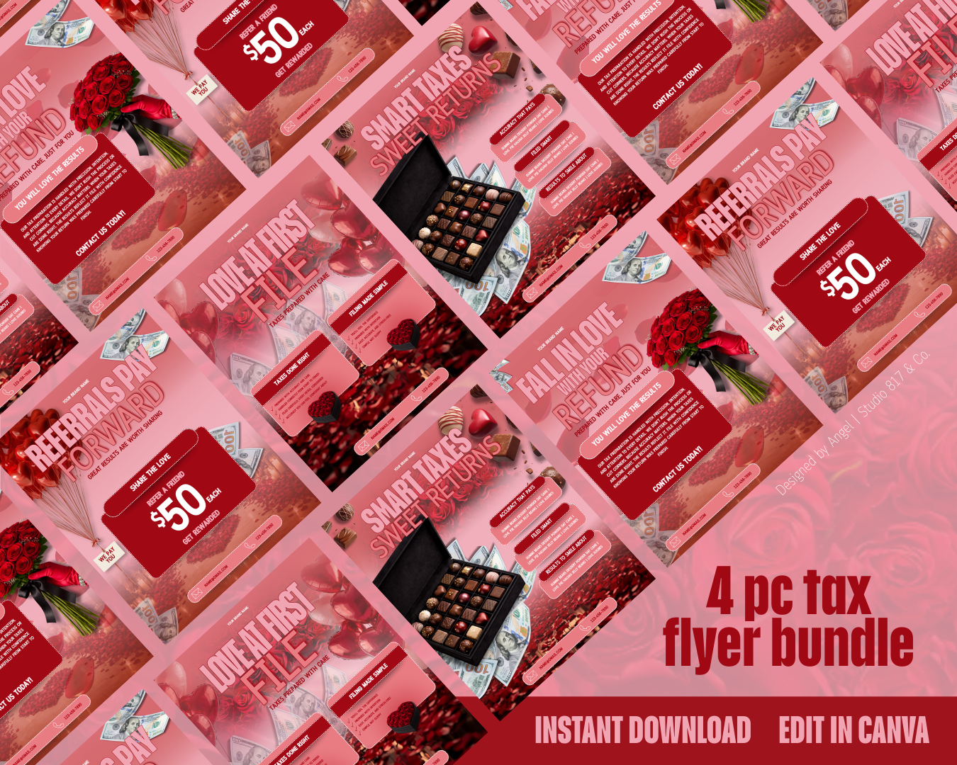 Valentine’s Day Tax Prep Flyer Bundle | Tax Preparer Marketing Templates | Refund, Referral & Filing Flyers | Editable Canva Design