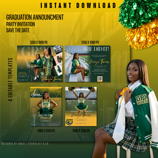 Graduation Announcement Template Bundle | Green & Gold | Instant Download