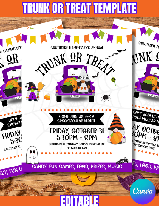 Trunk or Treat Flyer Template: Halloween School Event, PTA Printable (Canva)