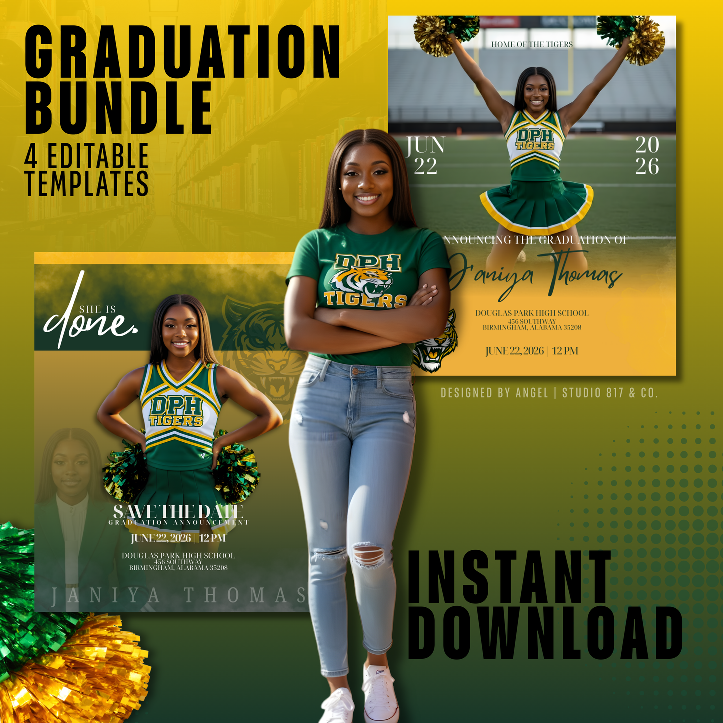 Graduation Announcement Template Bundle | Green & Gold | Instant Download