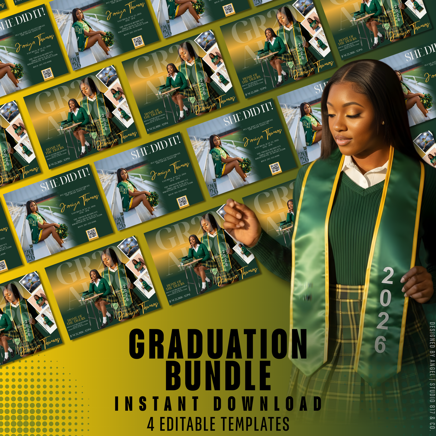 Graduation Announcement Template Bundle | Green & Gold | Instant Download